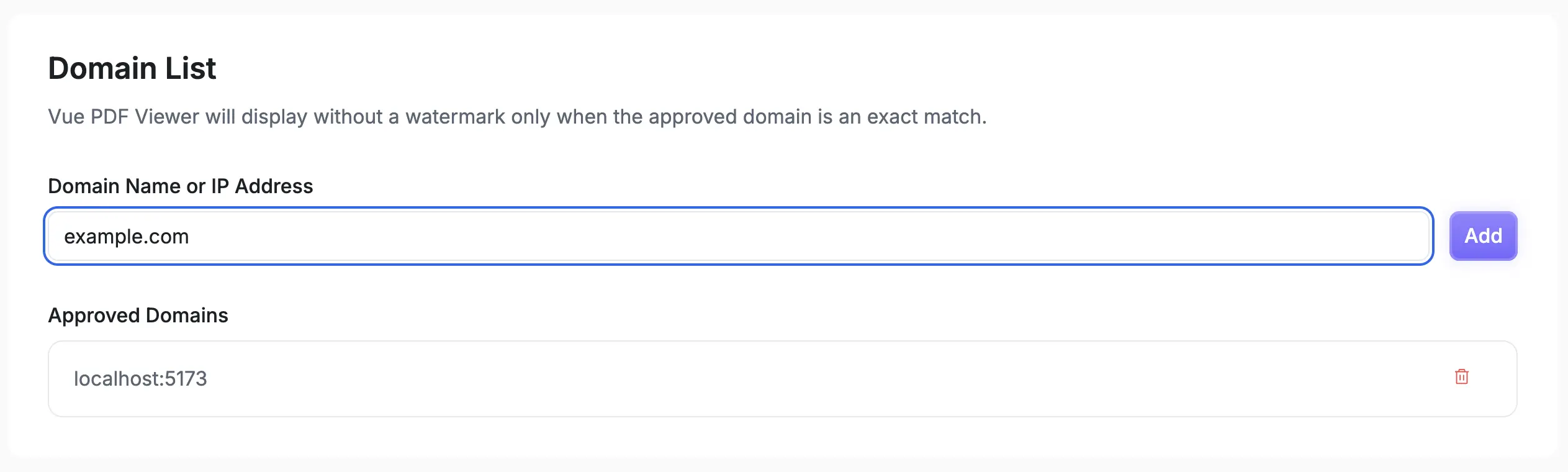 An image of how to configure approved domain with Vue PDF Viewer